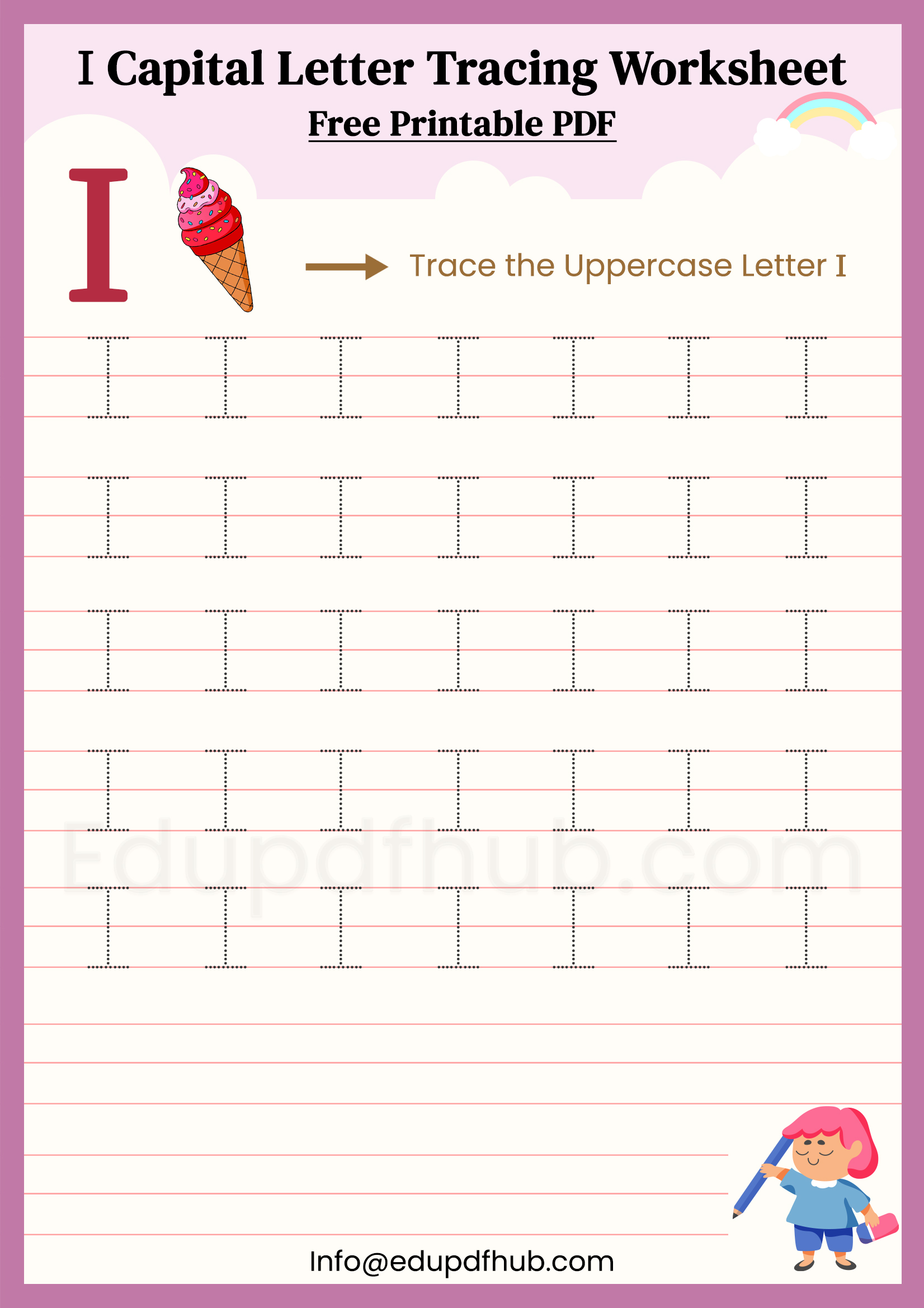 I Capital Letter Tracing Worksheet Printable PDF for Kids